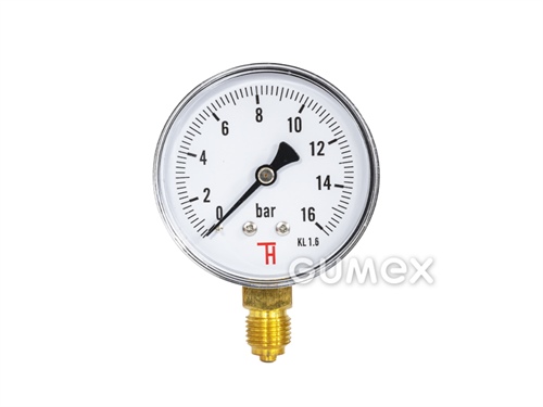 Manometr standardní se spodním vývodem, průměr 63mm, vnější závit G 1/4", 0-16bar, třída přesnosti 1,6%, průzor akryl, pouzdro ocel, -40°C/+60°C